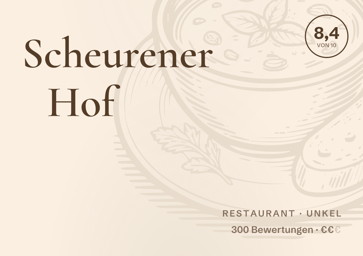 Illustriertes Poster von Scheurener Hof, Restaurant in Unkel: Bewertung 8,4 von 10 aus 300 Bewertungen, Preisniveau €€