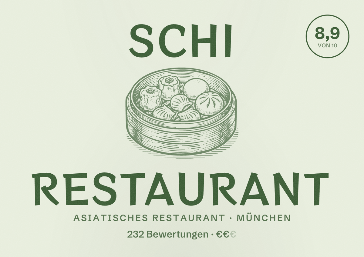 Illustriertes Poster von Schi Restaurant, Asiatisches Restaurant in München: Bewertung 8,9 von 10 aus 232 Bewertungen, Preisniveau €€