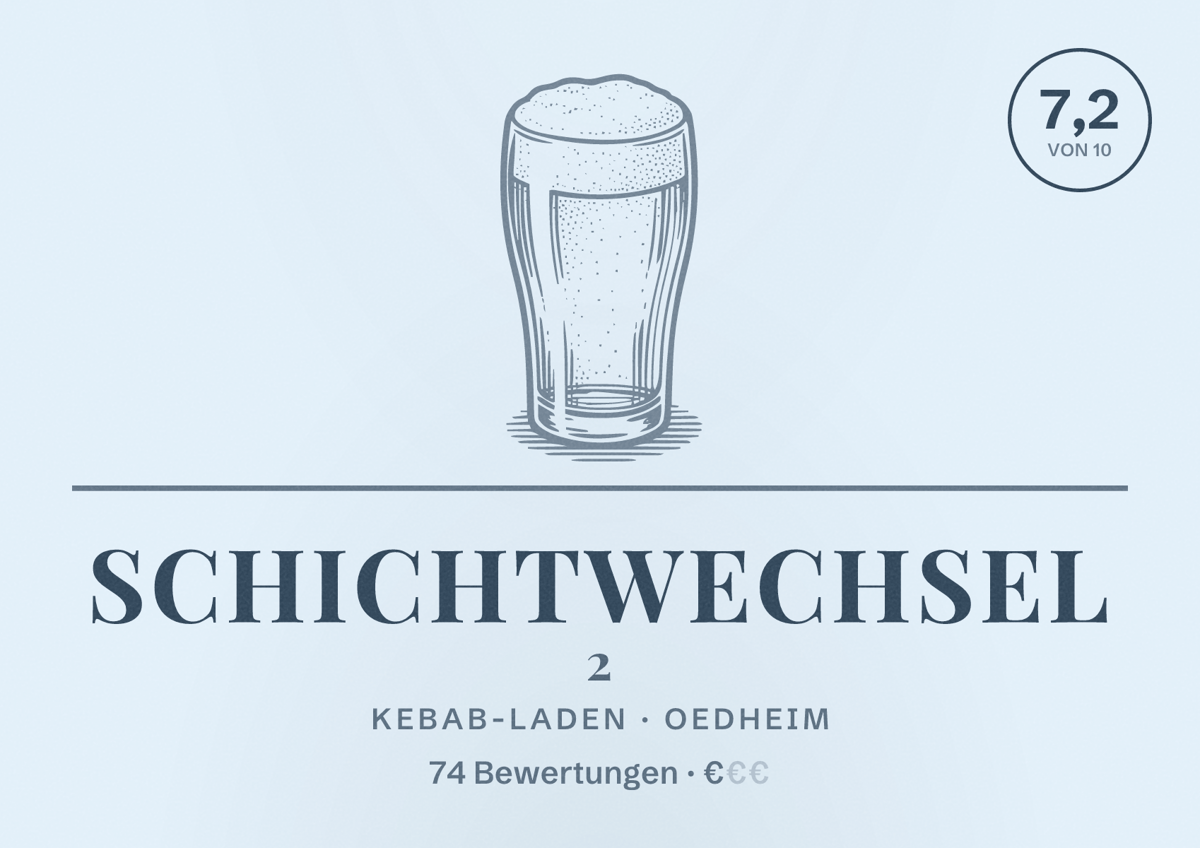Illustriertes Poster von Schichtwechsel 2, Kebab-Laden in Oedheim: Bewertung 7,2 von 10 aus 74 Bewertungen, Preisniveau €