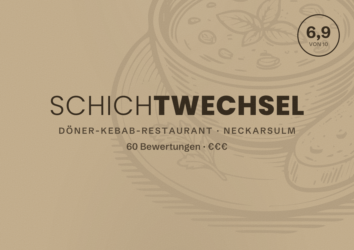 Illustriertes Poster von Schichtwechsel, Döner-Kebab-Restaurant in Neckarsulm: Bewertung 6,9 von 10 aus 60 Bewertungen, Preisniveau €€€