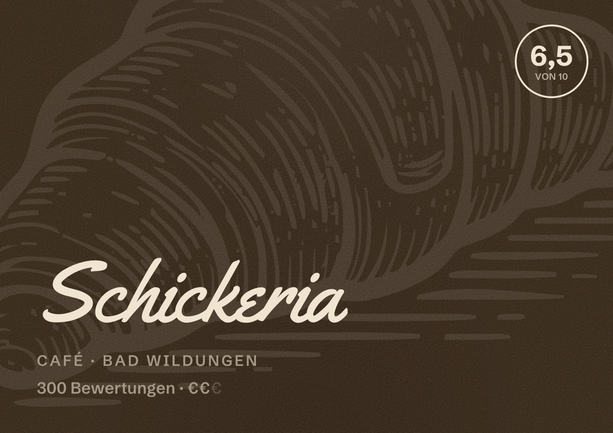 Illustriertes Poster von Schickeria, Café in Bad Wildungen: Bewertung 6,5 von 10 aus 300 Bewertungen, Preisniveau €€