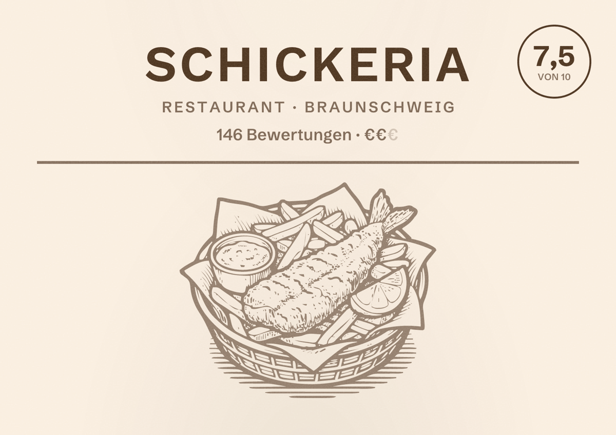 Illustriertes Poster von Schickeria, Restaurant in Braunschweig: Bewertung 7,5 von 10 aus 146 Bewertungen, Preisniveau €€