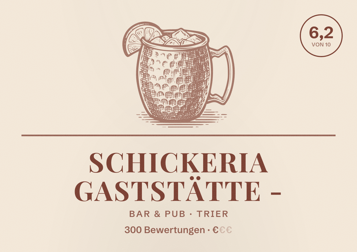 Illustriertes Poster von Schickeria Gaststätte -, Bar & Pub in Trier: Bewertung 6,2 von 10 aus 300 Bewertungen, Preisniveau €