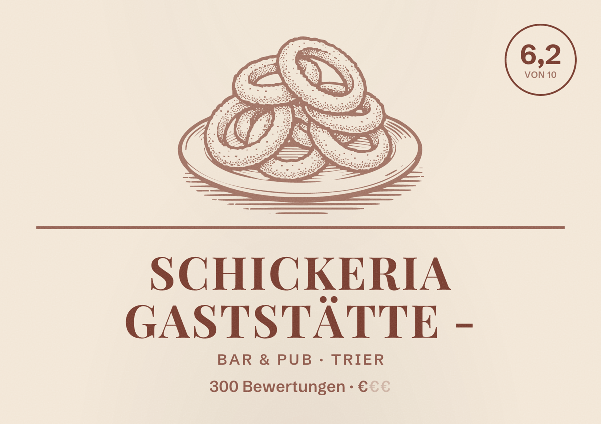 Illustriertes Poster von Schickeria Gaststätte -, Bar & Pub in Trier: Bewertung 6,2 von 10 aus 300 Bewertungen, Preisniveau €