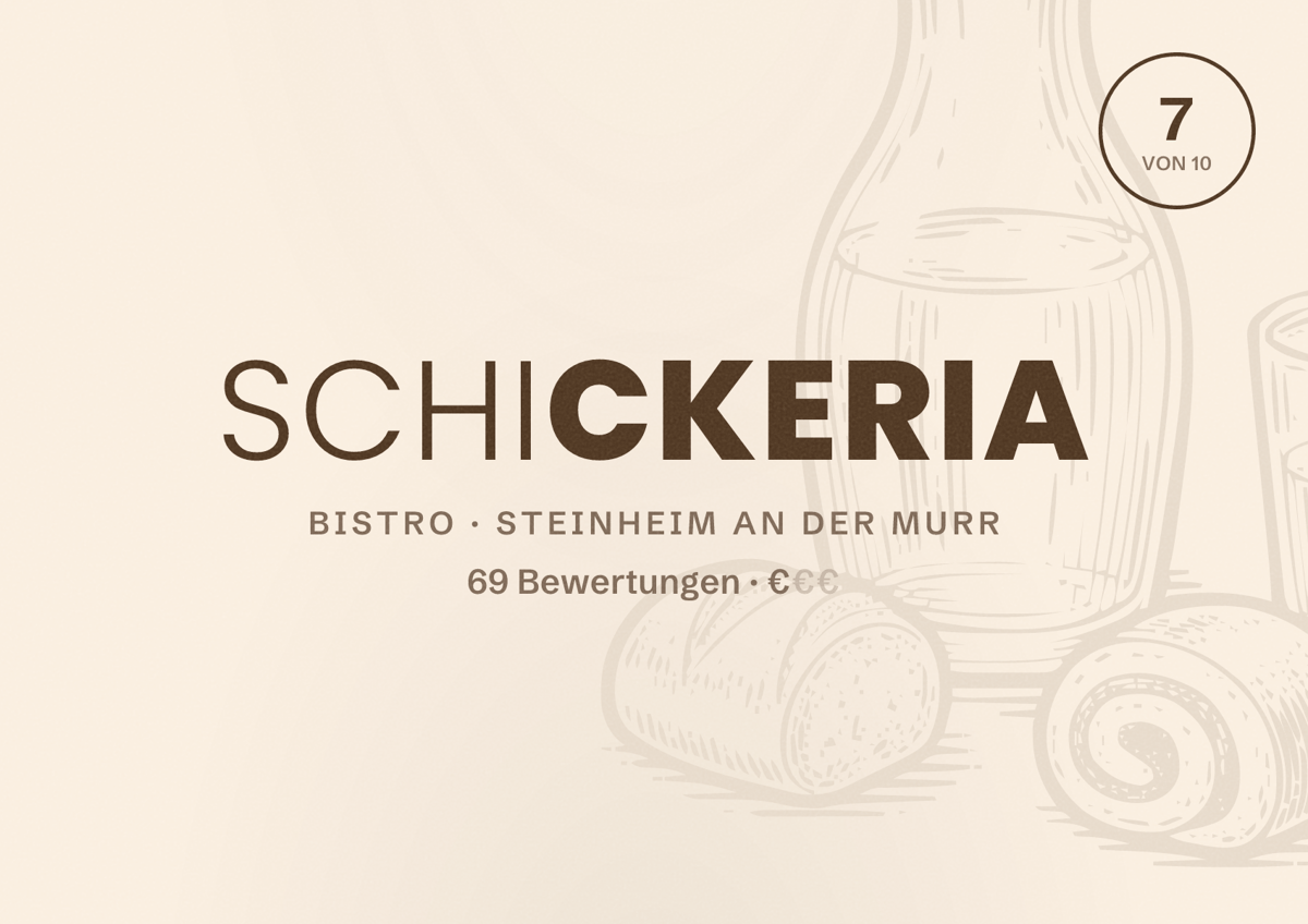 Illustriertes Poster von Schickeria, Bistro in Steinheim an der Murr: Bewertung 7 von 10 aus 69 Bewertungen, Preisniveau €
