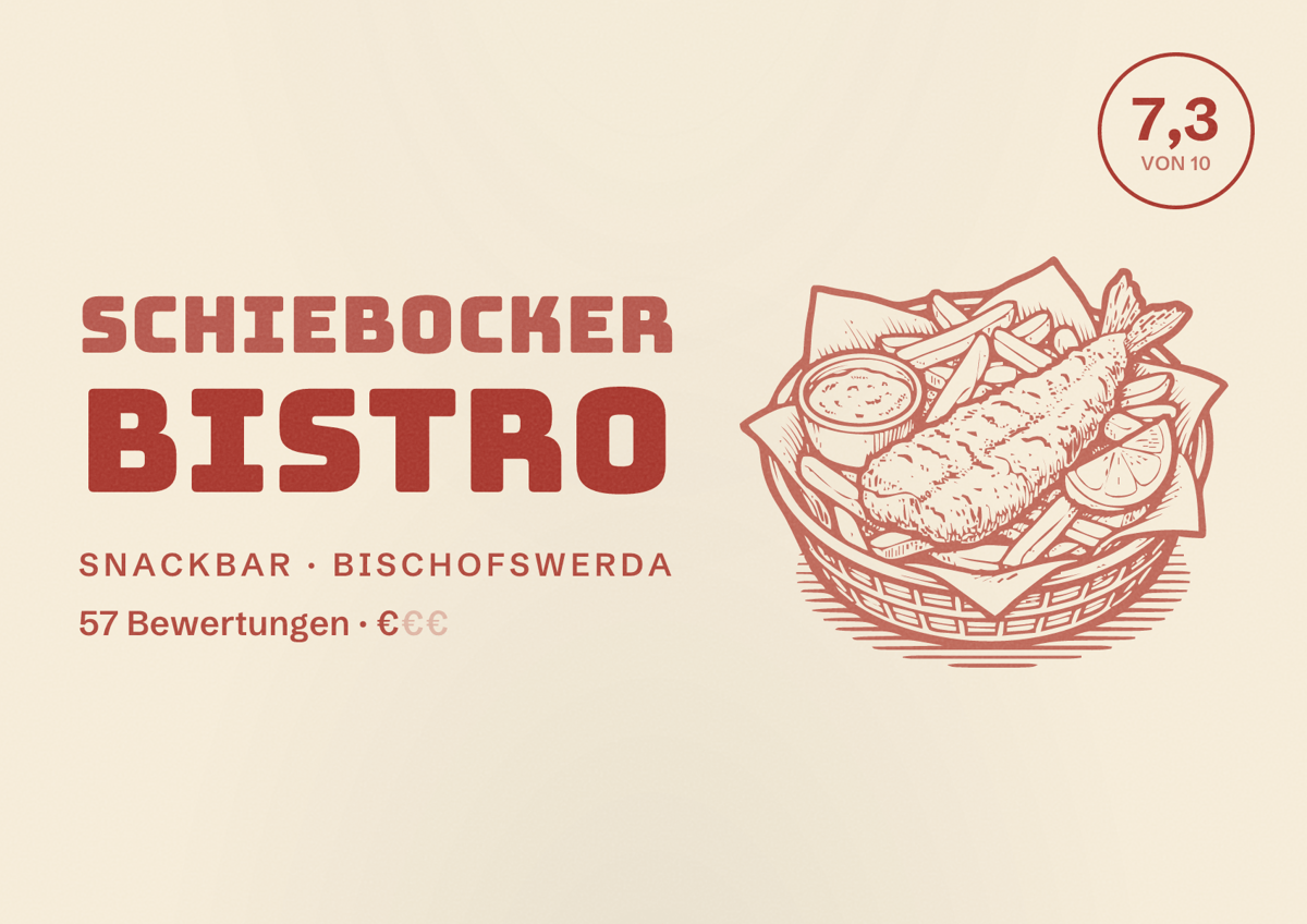 Illustriertes Poster von Schiebocker Bistro, Snackbar in Bischofswerda: Bewertung 7,3 von 10 aus 57 Bewertungen, Preisniveau €