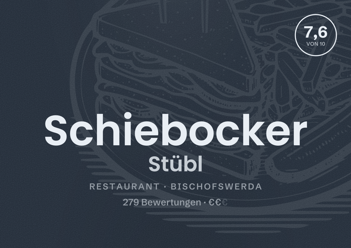 Illustriertes Poster von Schiebocker Stübl, Restaurant in Bischofswerda: Bewertung 7,6 von 10 aus 279 Bewertungen, Preisniveau €€