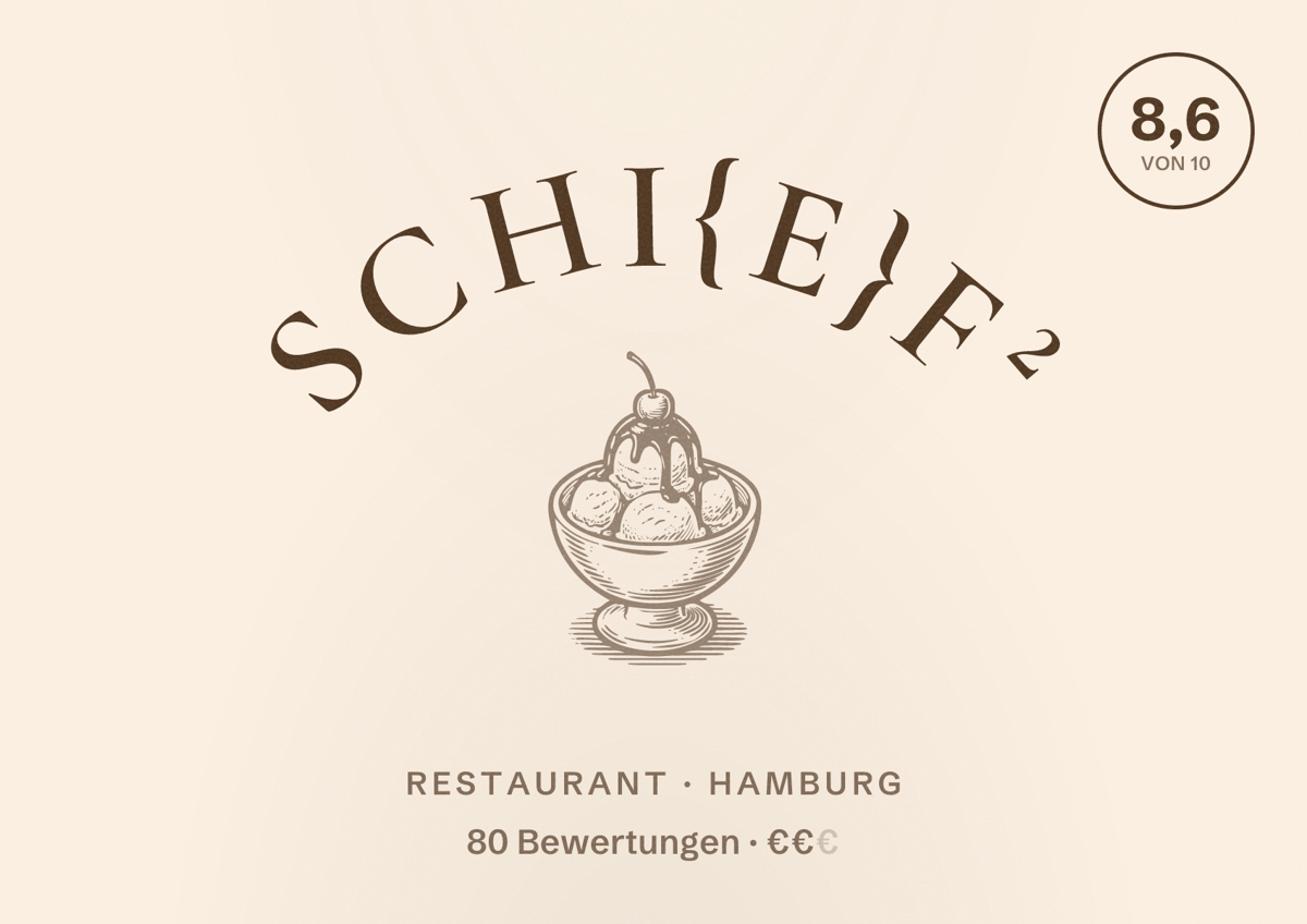Illustriertes Poster von Schi{e}f², Restaurant in Hamburg: Bewertung 8,6 von 10 aus 80 Bewertungen, Preisniveau €€