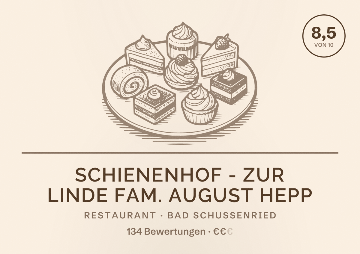 Illustriertes Poster von Schienenhof - Zur Linde Fam. August Hepp, Restaurant in Bad Schussenried: Bewertung 8,5 von 10 aus 134 Bewertungen, Preisniveau €€