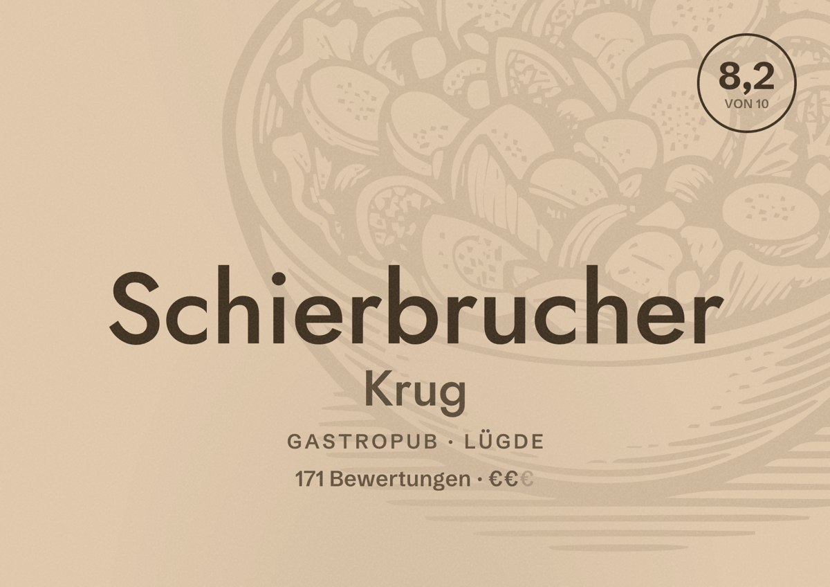 Illustriertes Poster von Schierbrucher Krug, Gastropub in Lügde: Bewertung 8,2 von 10 aus 171 Bewertungen, Preisniveau €€