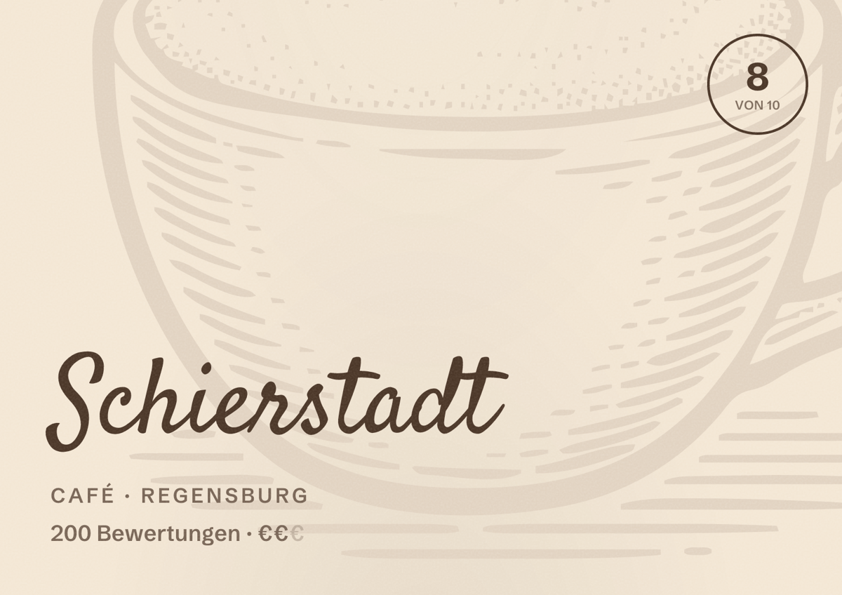 Illustriertes Poster von Schierstadt, Café in Regensburg: Bewertung 8,0 von 10 aus 200 Bewertungen, Preisniveau €€