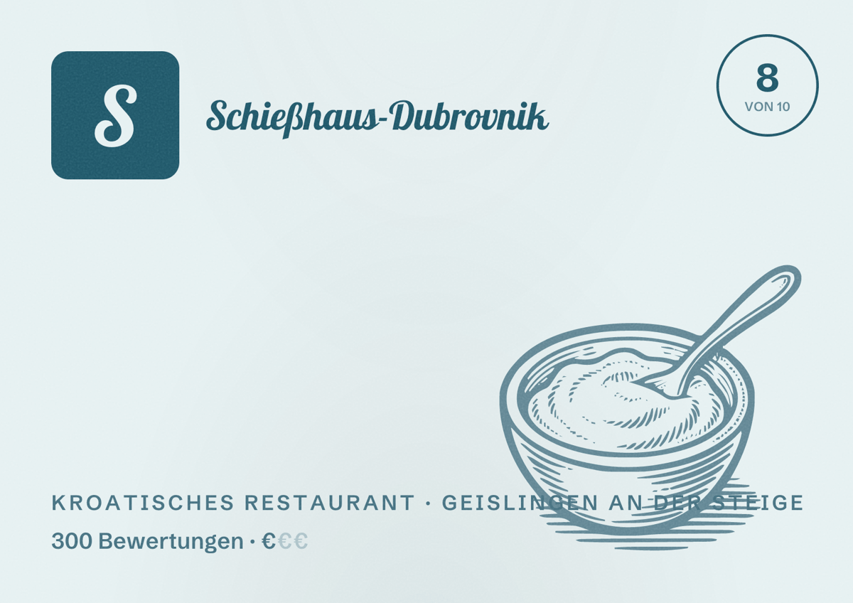 Illustriertes Poster von Schießhaus-Dubrovnik, Kroatisches Restaurant in Geislingen an der Steige: Bewertung 8 von 10 aus 300 Bewertungen, Preisniveau €