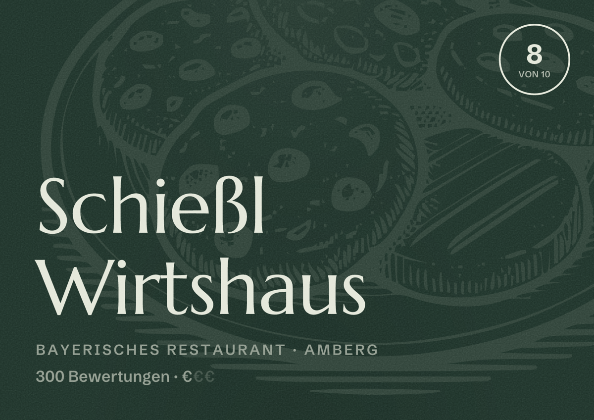 Illustriertes Poster von Schießl Wirtshaus, Bayerisches Restaurant in Amberg: Bewertung 8 von 10 aus 300 Bewertungen, Preisniveau €