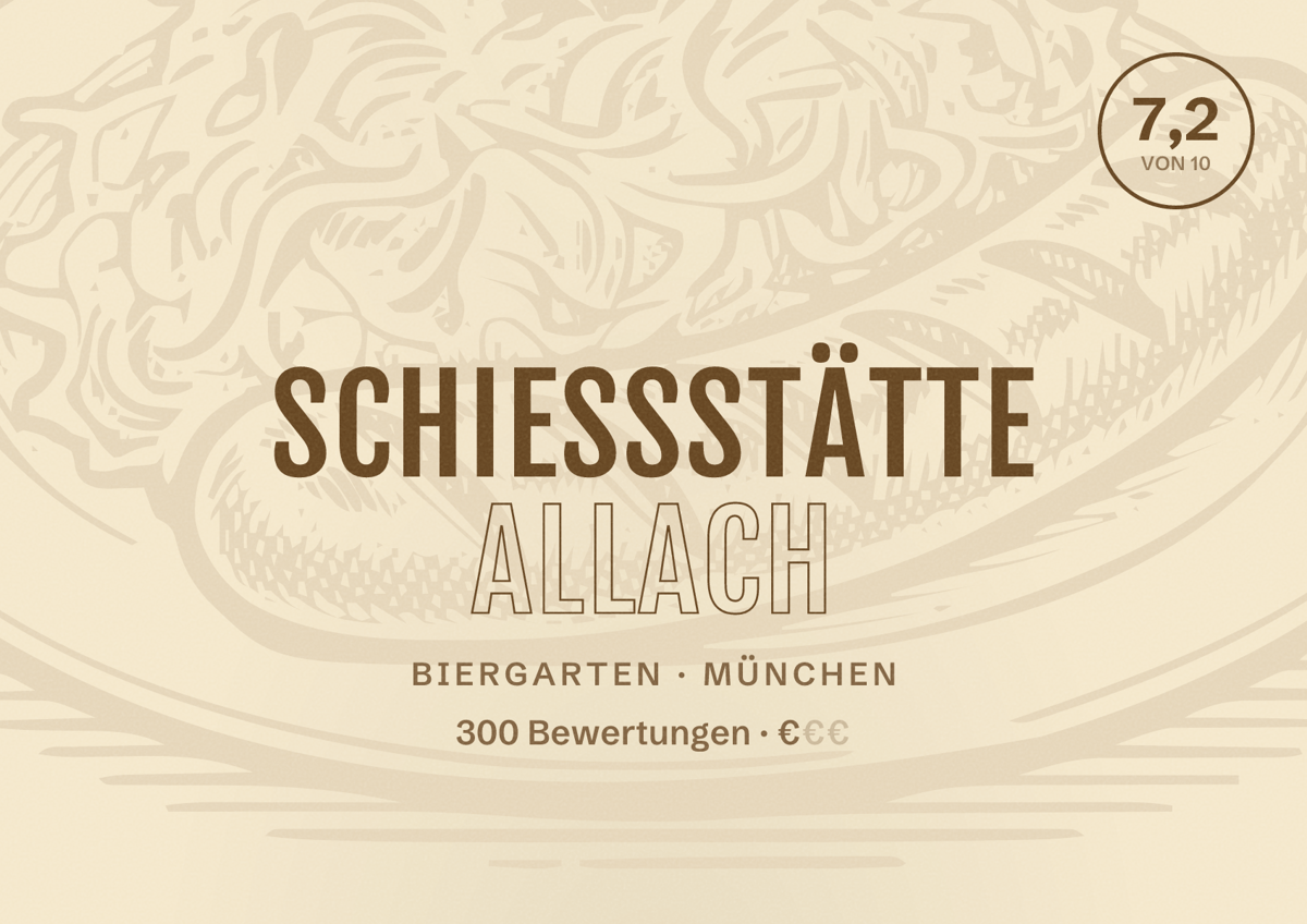 Illustriertes Poster von Schießstätte Allach, Biergarten in München: Bewertung 7,2 von 10 aus 300 Bewertungen, Preisniveau €