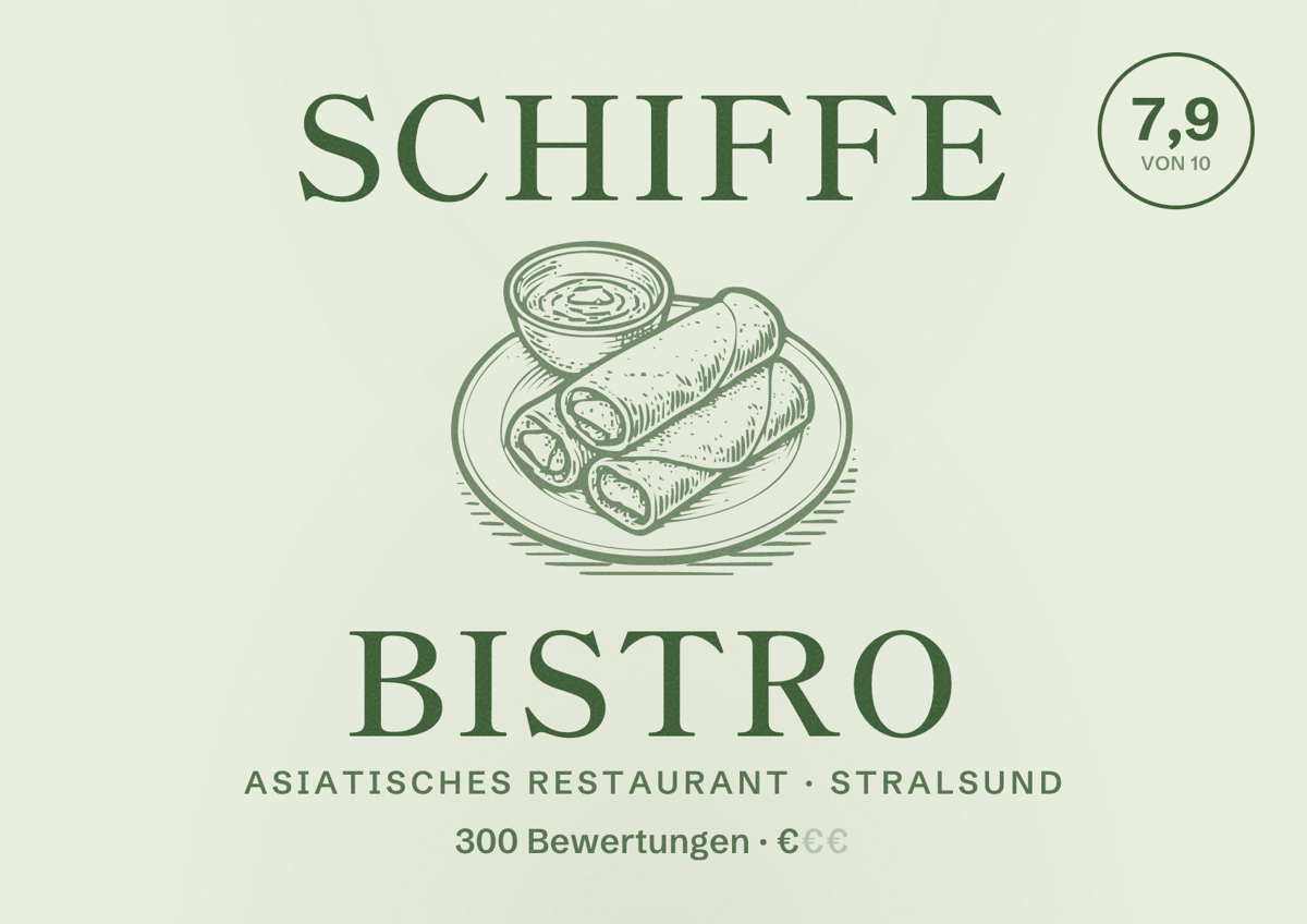 Illustriertes Poster von Schiffe Bistro, Asiatisches Restaurant in Stralsund: Bewertung 7,9 von 10 aus 300 Bewertungen, Preisniveau €
