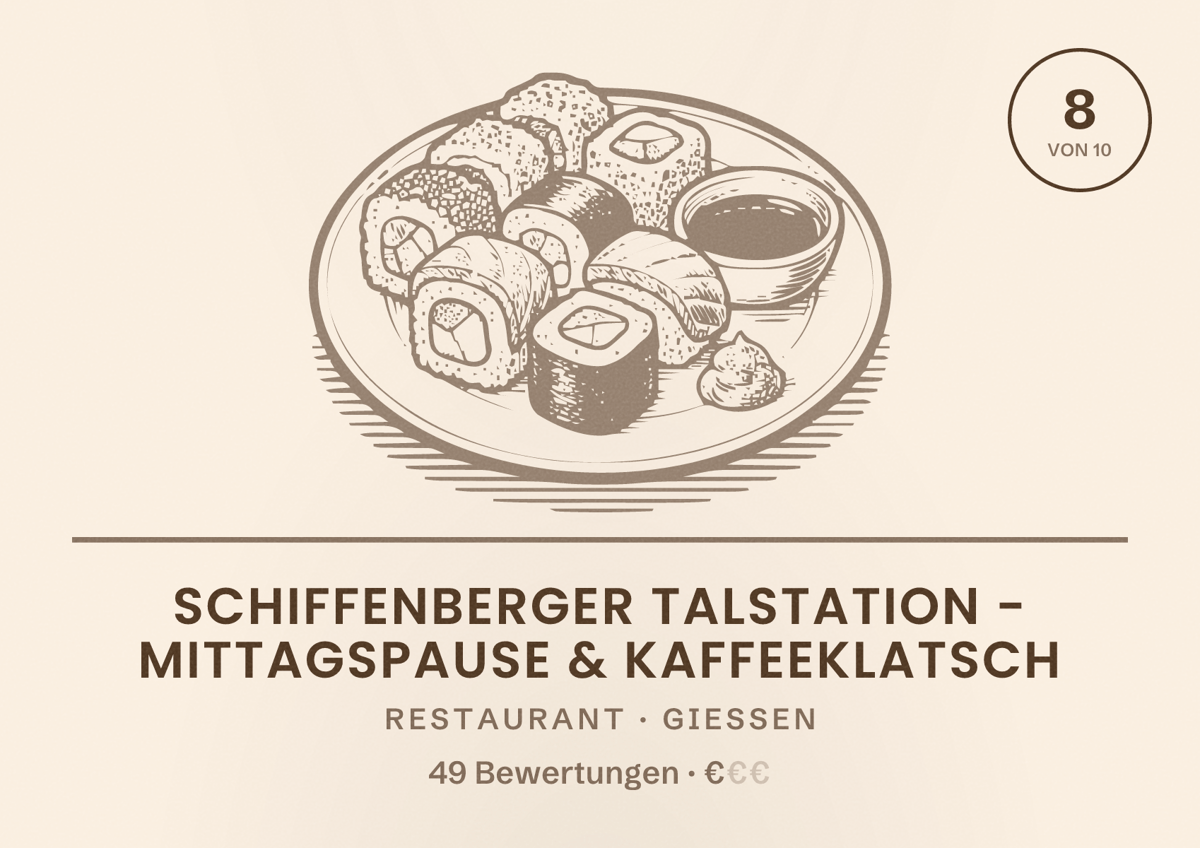 Illustriertes Poster von Schiffenberger Talstation - Mittagspause & Kaffeeklatsch, Restaurant in Gießen: Bewertung 8 von 10 aus 49 Bewertungen, Preisniveau €