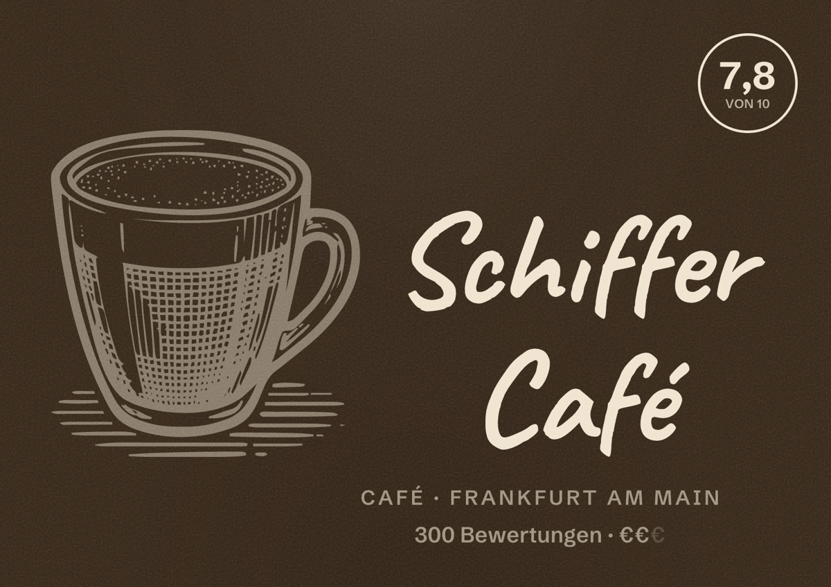 Illustriertes Poster von Schiffer Café, Café in Frankfurt am Main: Bewertung 7,8 von 10 aus 300 Bewertungen, Preisniveau €€
