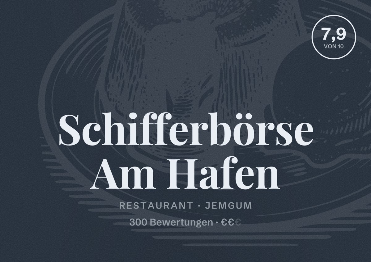 Illustriertes Poster von Schifferbörse Am Hafen, Restaurant in Jemgum: Bewertung 7,9 von 10 aus 300 Bewertungen, Preisniveau €€