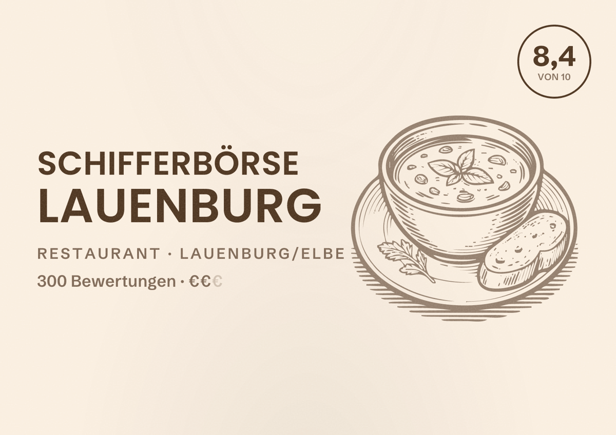 Illustriertes Poster von Schifferbörse Lauenburg, Restaurant in Lauenburg/Elbe: Bewertung 8,4 von 10 aus 300 Bewertungen, Preisniveau €€