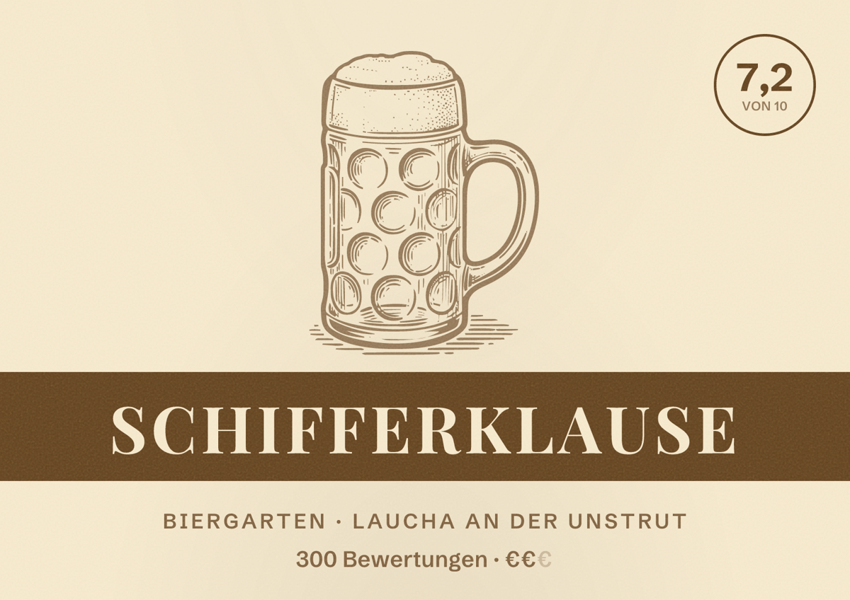 Illustriertes Poster von Schifferklause, Biergarten in Laucha an der Unstrut: Bewertung 7,2 von 10 aus 300 Bewertungen, Preisniveau €€