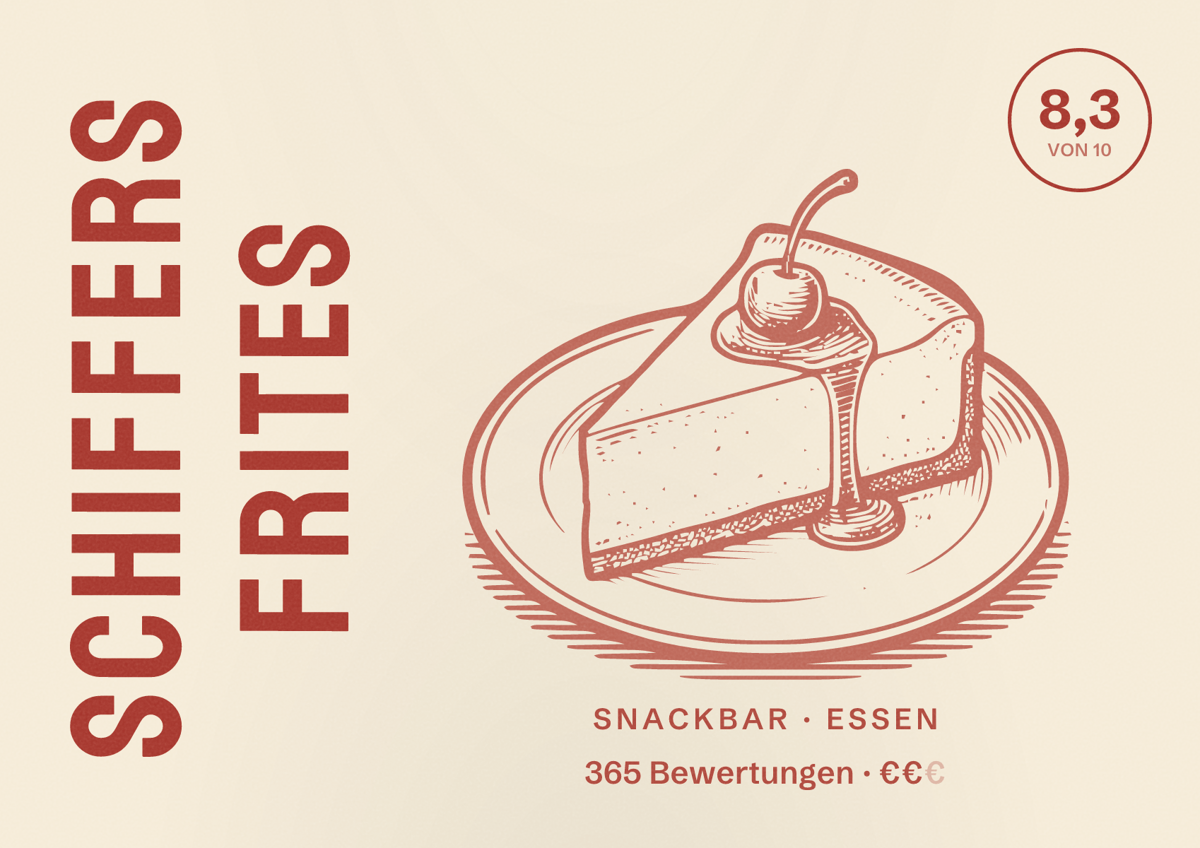 Illustriertes Poster von SCHIFFERS Frites, Snackbar in Essen: Bewertung 8,3 von 10 aus 365 Bewertungen, Preisniveau €€