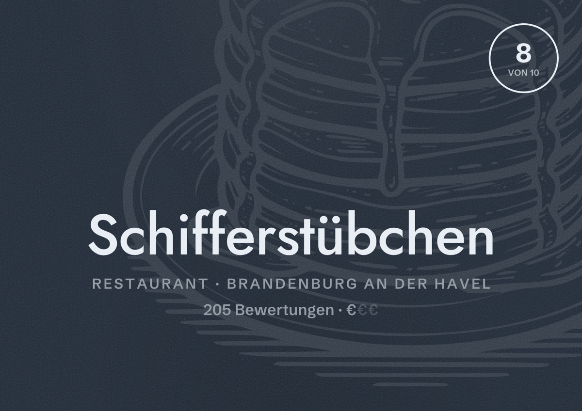Illustriertes Poster von Schifferstübchen, Restaurant in Brandenburg an der Havel: Bewertung 8 von 10 aus 205 Bewertungen, Preisniveau €