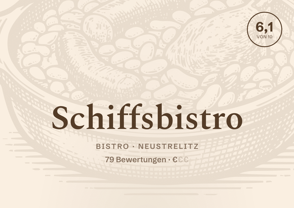 Illustriertes Poster von Schiffsbistro, Bistro in Neustrelitz: Bewertung 6,1 von 10 aus 79 Bewertungen, Preisniveau €