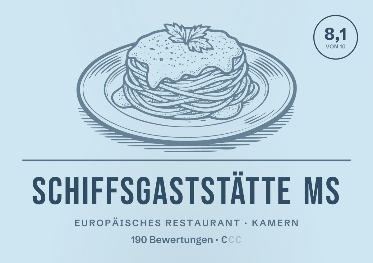 Illustriertes Poster von Schiffsgaststätte MS, Europäisches Restaurant in Kamern: Bewertung 8,1 von 10 aus 190 Bewertungen, Preisniveau €