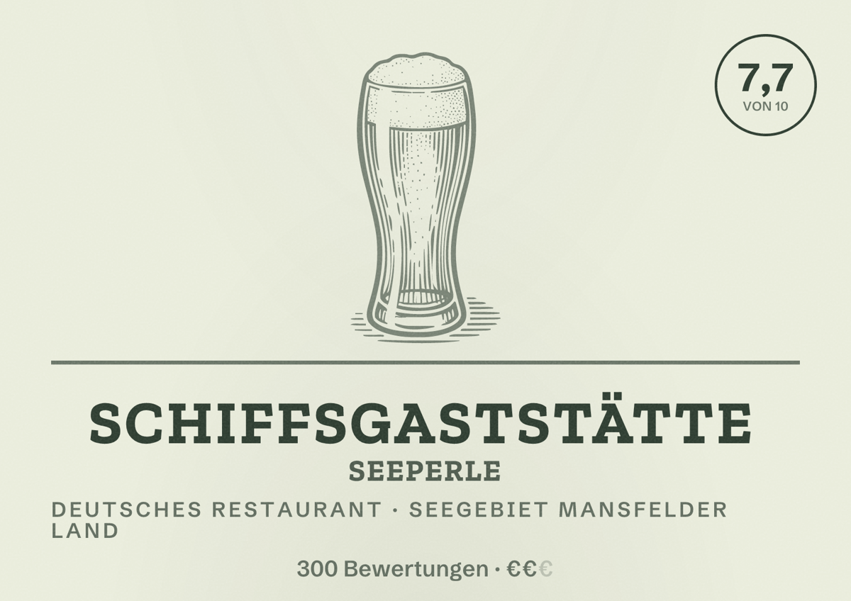 Illustriertes Poster von Schiffsgaststätte Seeperle, Deutsches Restaurant in Seegebiet Mansfelder Land: Bewertung 7,7 von 10 aus 300 Bewertungen, Preisniveau €€