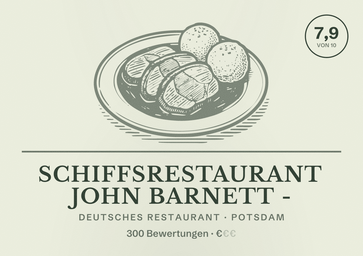 Illustriertes Poster von Schiffsrestaurant John Barnett -, Deutsches Restaurant in Potsdam: Bewertung 7,9 von 10 aus 300 Bewertungen, Preisniveau €