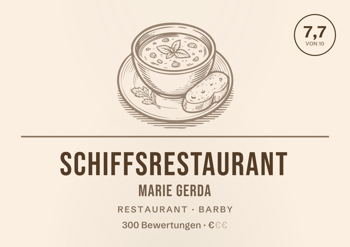 Illustriertes Poster von Schiffsrestaurant Marie Gerda, Restaurant in Barby: Bewertung 7,7 von 10 aus 300 Bewertungen, Preisniveau €