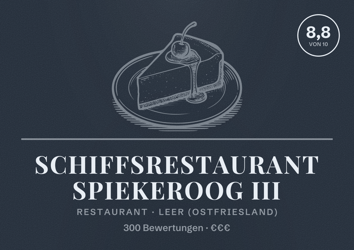 Illustriertes Poster von Schiffsrestaurant Spiekeroog III, Restaurant in Leer (Ostfriesland): Bewertung 8,8 von 10 aus 300 Bewertungen, Preisniveau €€€
