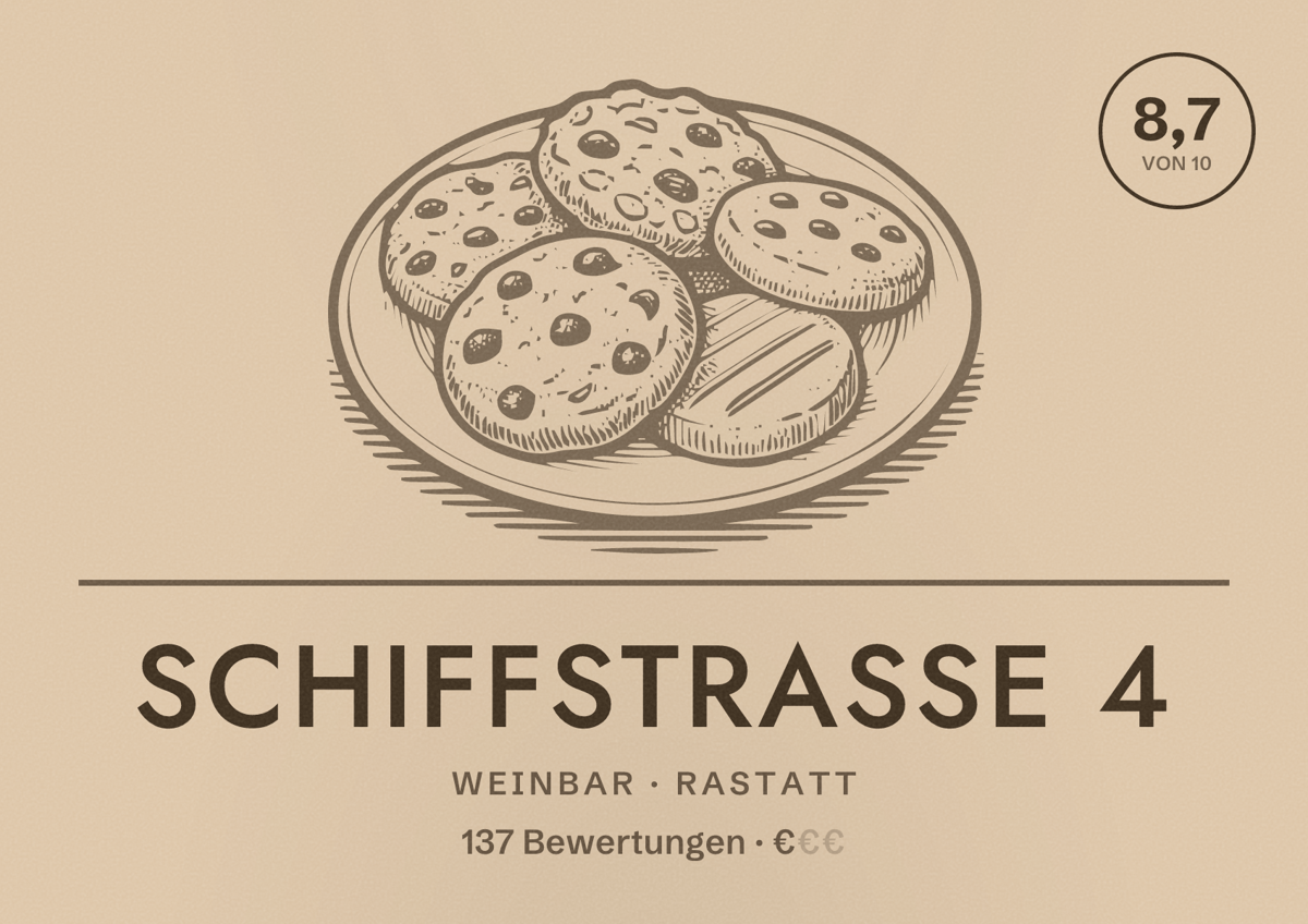 Illustriertes Poster von Schiffstraße 4, Weinbar in Rastatt: Bewertung 8,7 von 10 aus 137 Bewertungen, Preisniveau €