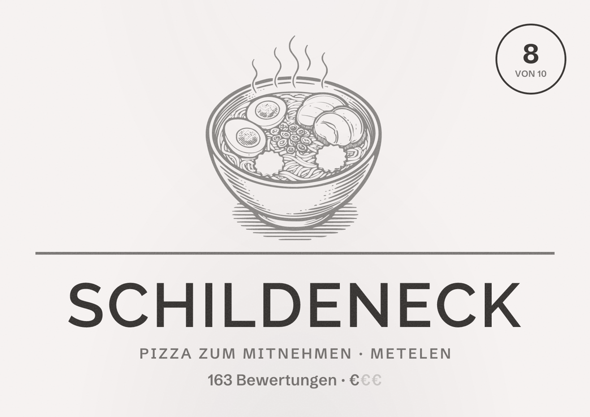 Illustriertes Poster von SchildenEck, Pizza zum Mitnehmen in Metelen: Bewertung 8 von 10 aus 163 Bewertungen, Preisniveau €