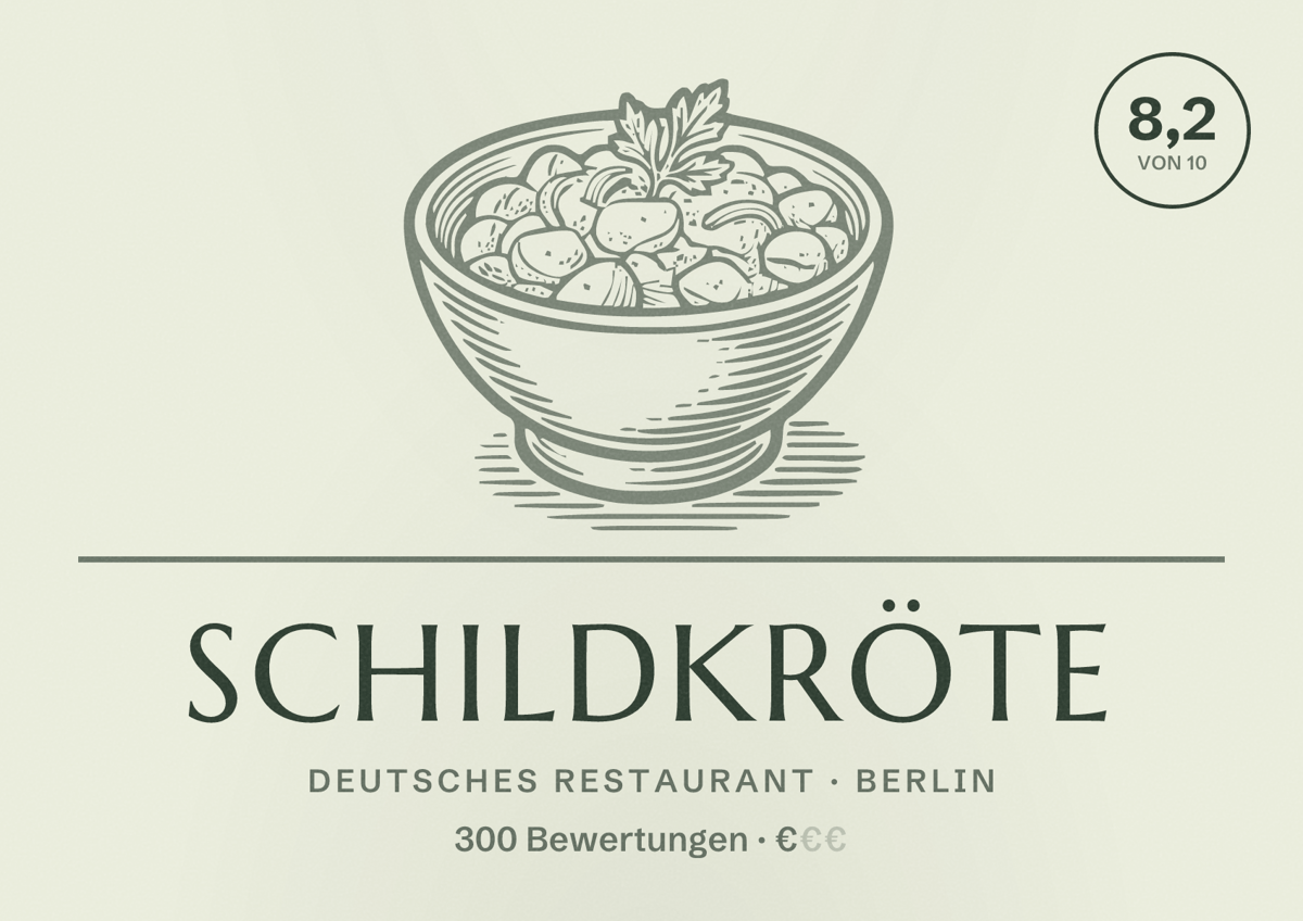 Illustriertes Poster von Schildkröte, Deutsches Restaurant in Berlin: Bewertung 8,2 von 10 aus 300 Bewertungen, Preisniveau €