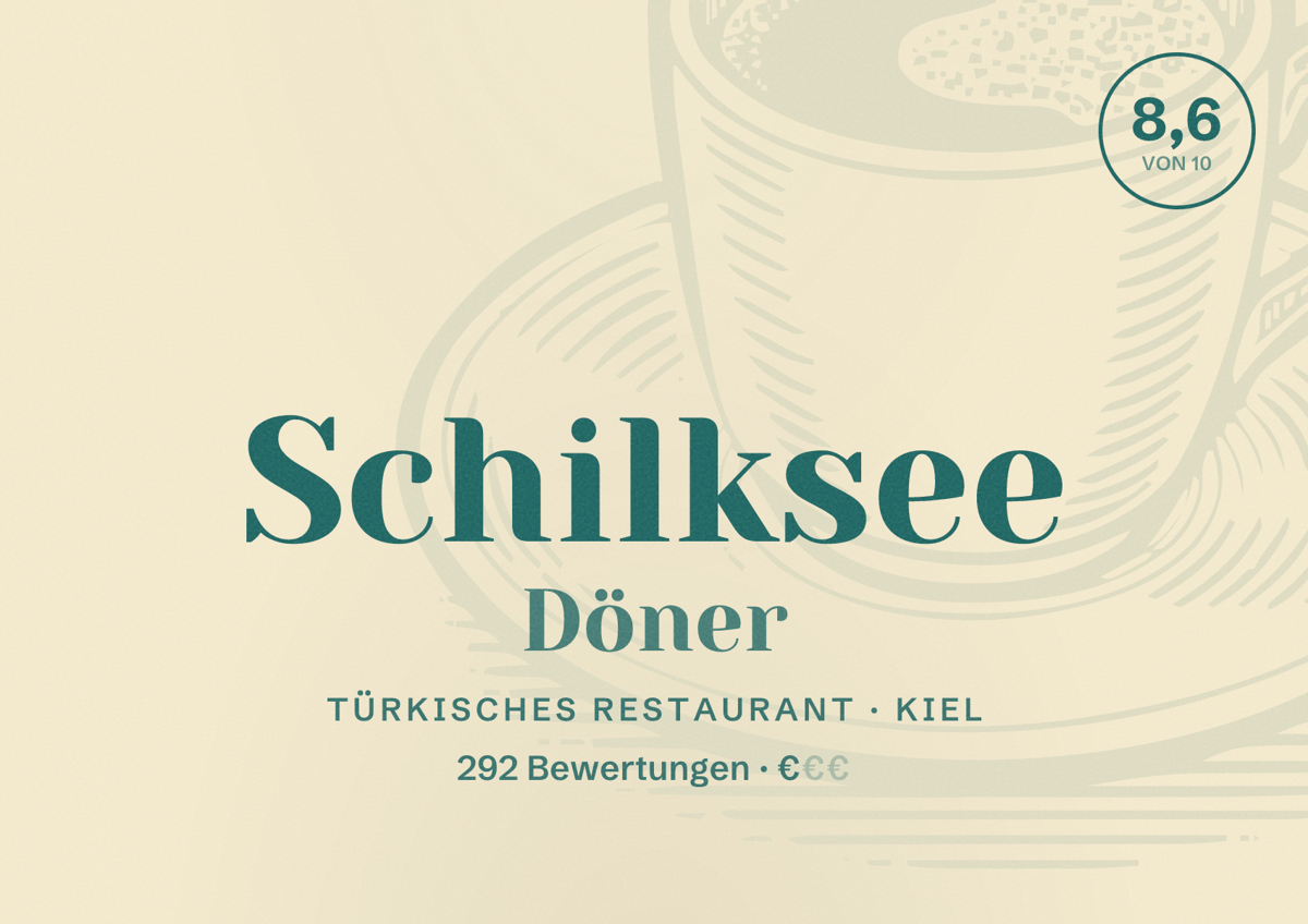 Illustriertes Poster von Schilksee Döner, Türkisches Restaurant in Kiel: Gästebewertung 8,6 von 10 aus 292 Bewertungen