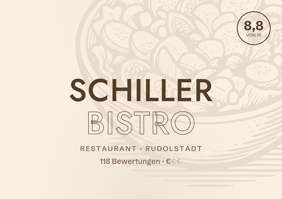 Illustriertes Poster von Schiller Bistro, Restaurant in Rudolstadt: Bewertung 8,8 von 10 aus 118 Bewertungen, Preisniveau €