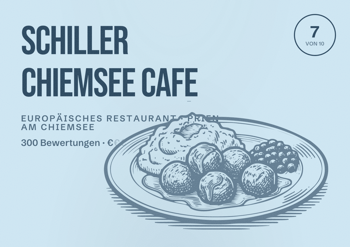 Illustriertes Poster von Schiller Chiemsee Cafe, Europäisches Restaurant in Prien am Chiemsee: Bewertung 7 von 10 aus 300 Bewertungen, Preisniveau €