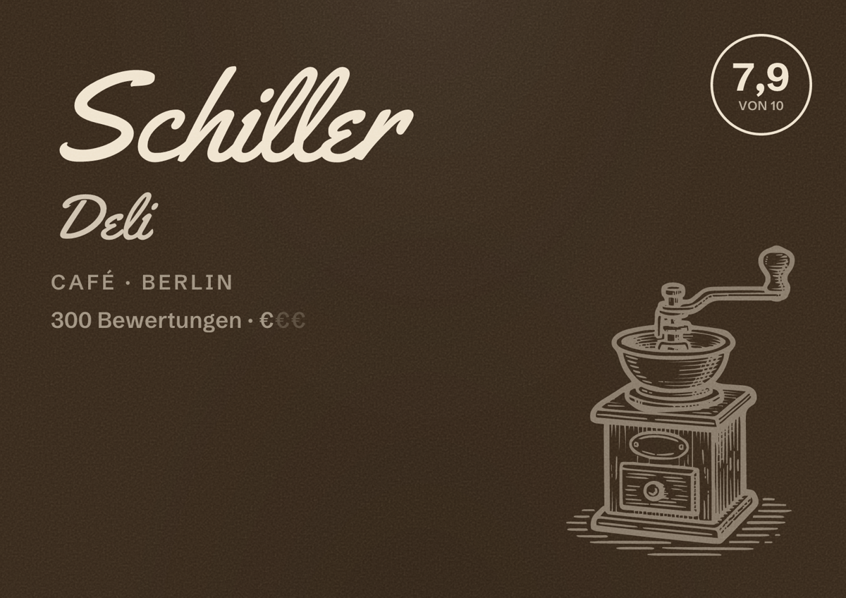 Illustriertes Poster von Schiller Deli, Café in Berlin: Bewertung 7,9 von 10 aus 300 Bewertungen, Preisniveau €