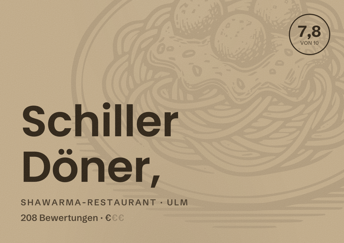 Illustriertes Poster von Schiller Döner,, Shawarma-Restaurant in Ulm: Bewertung 7,8 von 10 aus 208 Bewertungen, Preisniveau €