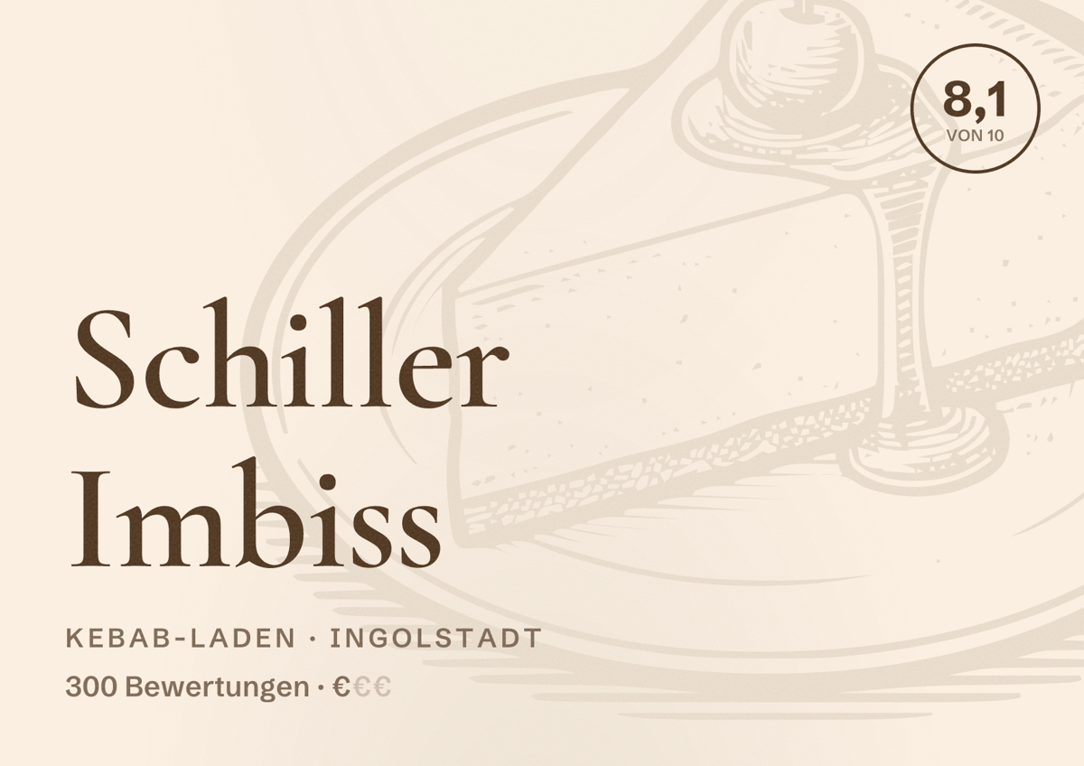 Illustriertes Poster von Schiller Imbiss, Kebab-Laden in Ingolstadt: Bewertung 8,1 von 10 aus 300 Bewertungen, Preisniveau €