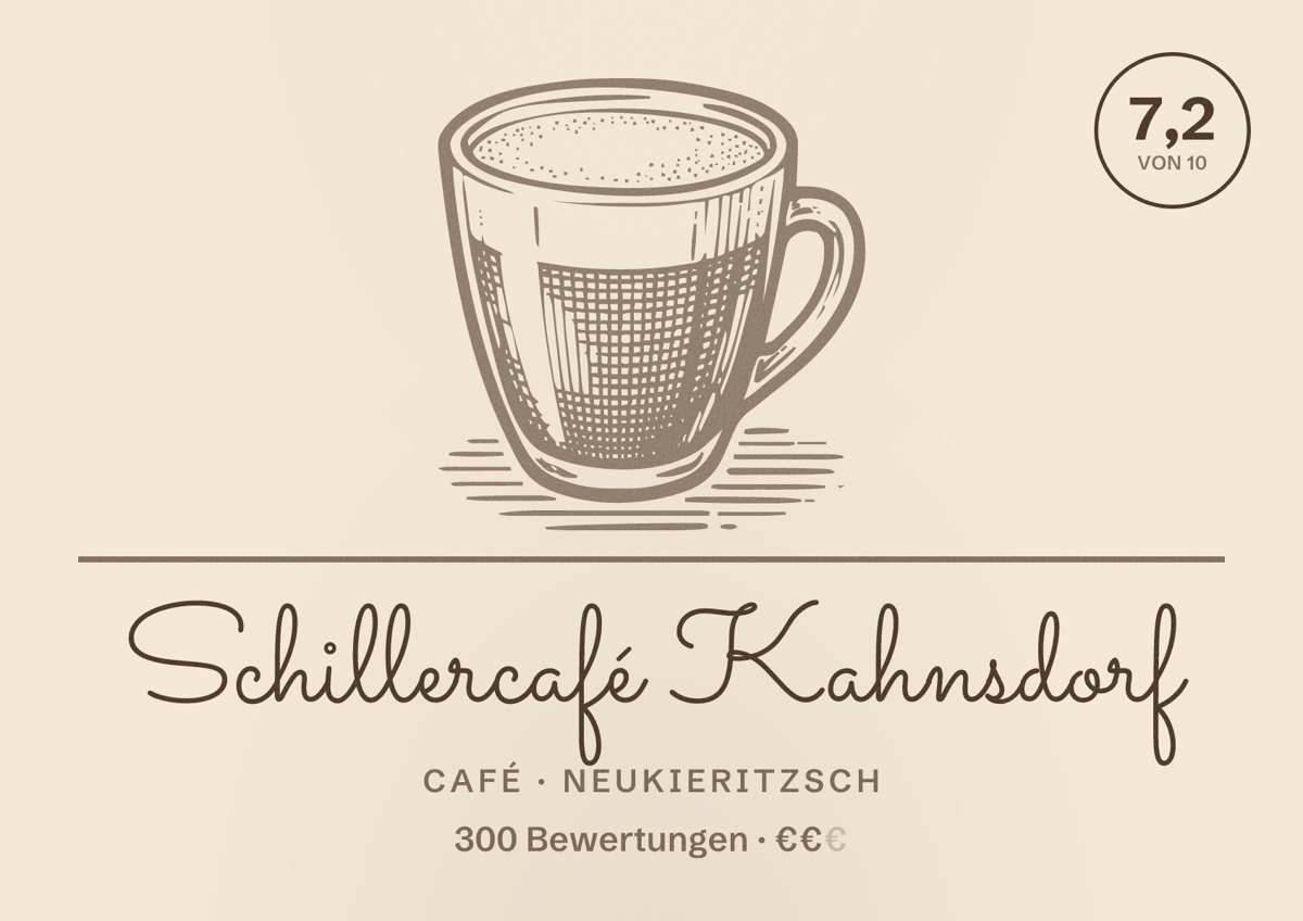 Illustriertes Poster von Schillercafé Kahnsdorf, Café in Neukieritzsch: Bewertung 7,2 von 10 aus 300 Bewertungen, Preisniveau €€