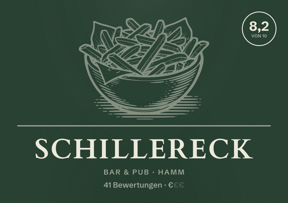 Illustriertes Poster von Schillereck, Bar & Pub in Hamm: Bewertung 8,2 von 10 aus 41 Bewertungen, Preisniveau €