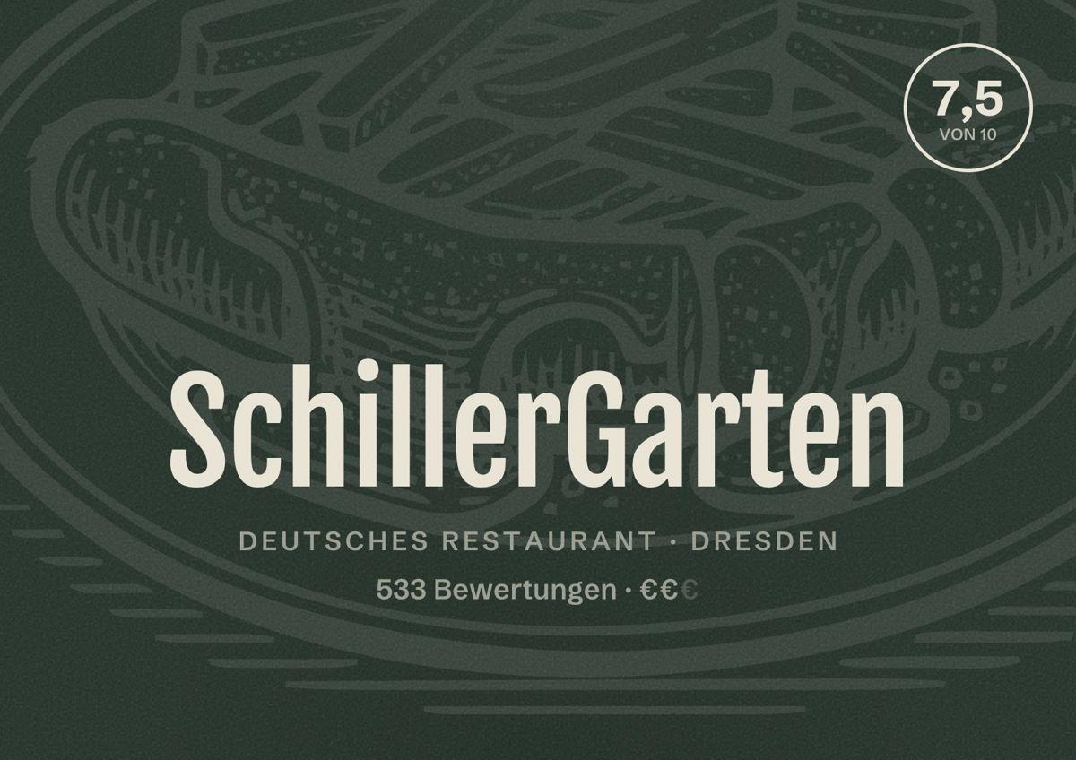 Illustriertes Poster von SchillerGarten, Deutsches Restaurant in Dresden: Bewertung 7,5 von 10 aus 533 Bewertungen, Preisniveau €€