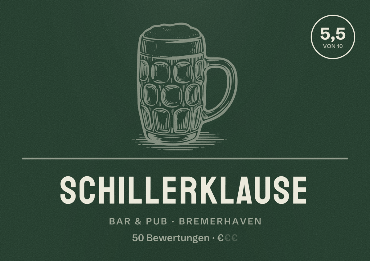 Illustriertes Poster von Schillerklause, Bar & Pub in Bremerhaven: Bewertung 5,5 von 10 aus 50 Bewertungen, Preisniveau €