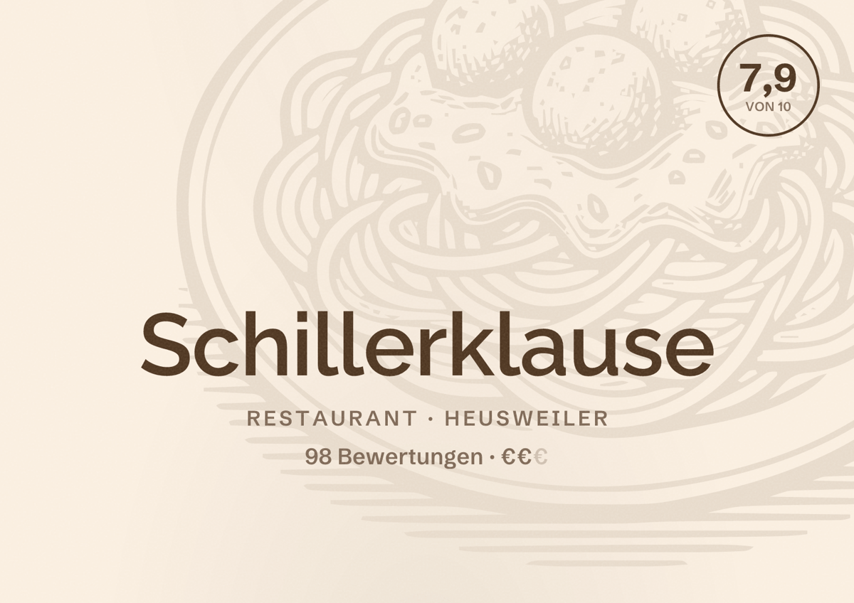 Illustriertes Poster von Schillerklause, Restaurant in Heusweiler: Bewertung 7,9 von 10 aus 98 Bewertungen, Preisniveau €€