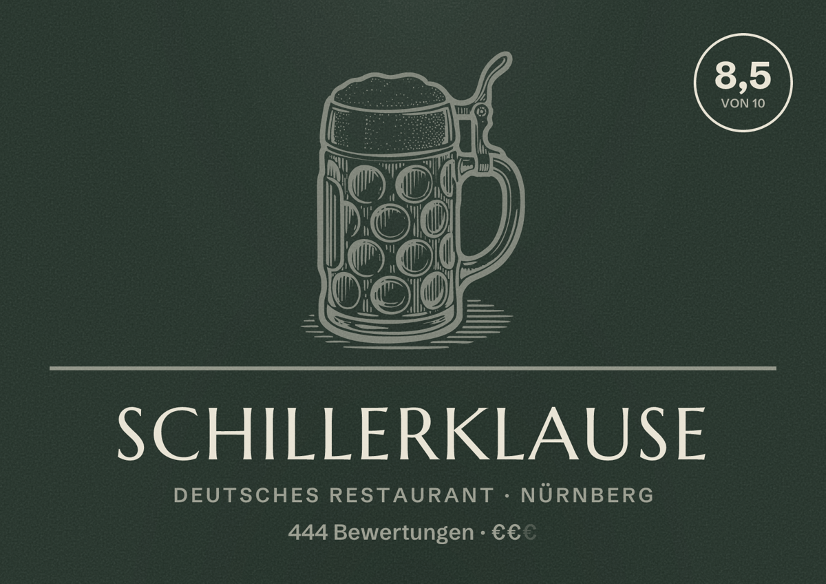 Illustriertes Poster von Schillerklause, Deutsches Restaurant in Nürnberg: Bewertung 8,5 von 10 aus 444 Bewertungen, Preisniveau €€