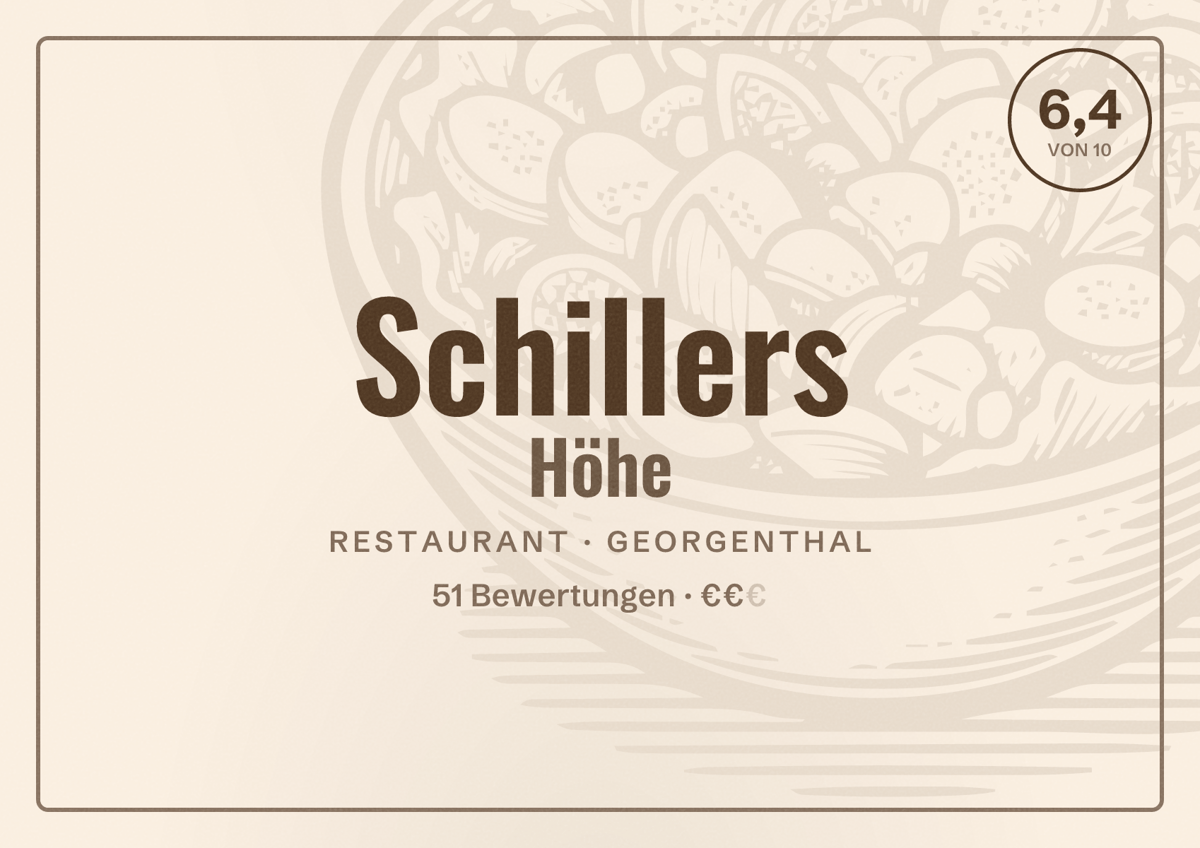 Illustriertes Poster von Schillers Höhe, Restaurant in Georgenthal: Bewertung 6,4 von 10 aus 51 Bewertungen, Preisniveau €€
