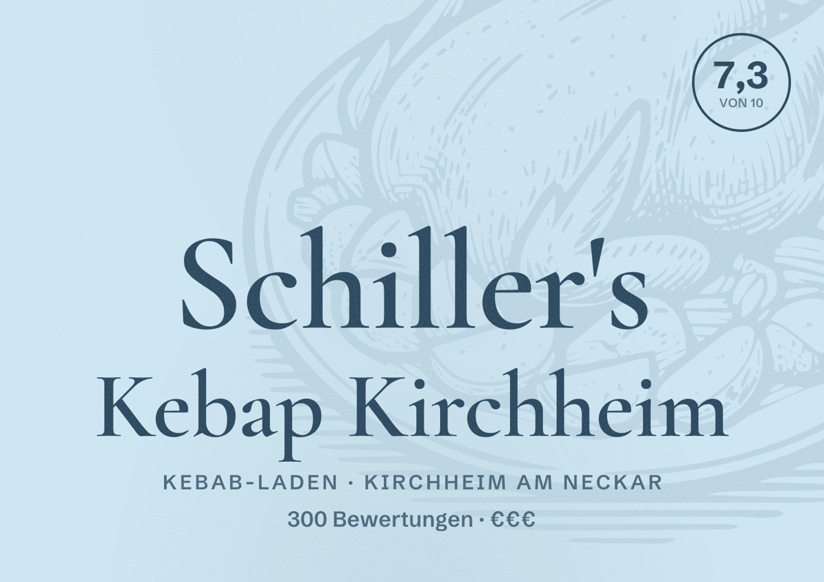 Illustriertes Poster von Schiller's Kebap Kirchheim, Kebab-Laden in Kirchheim am Neckar: Bewertung 7,3 von 10 aus 300 Bewertungen, Preisniveau €€€