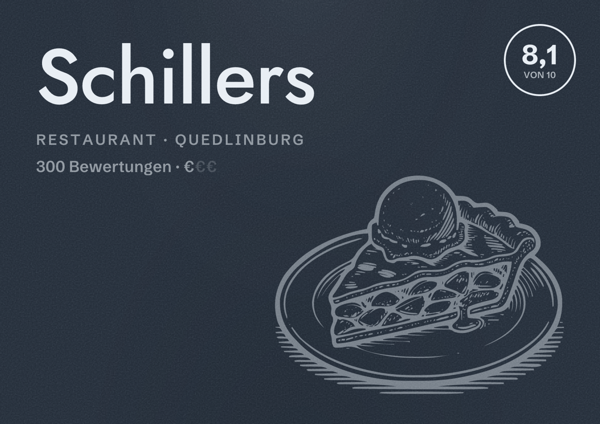 Illustriertes Poster von Schillers, Restaurant in Quedlinburg: Bewertung 8,1 von 10 aus 300 Bewertungen, Preisniveau €